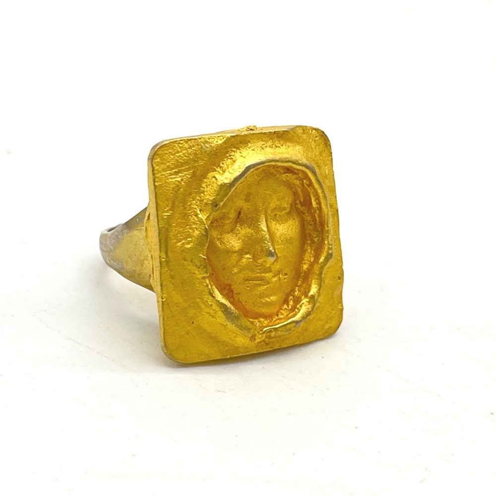 Vintage Gold Tone Hooded Face Relief Adjustable Statement Ring Artisanal Style